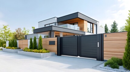 Expansive modern luxury residence with a striking geometric facade automatic gates and a horizontal slatted wooden fence complemented by manicured landscaping and trees
