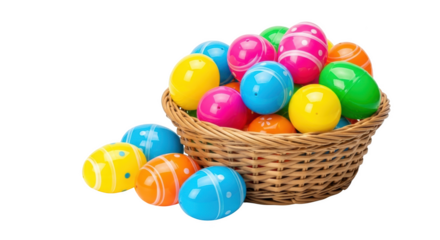 Wicker basket overflowing with colorful plastic Easter eggs
