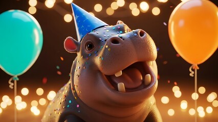 Cute cartoon baby hippopotamus wearing a blue party hat celebrating with colorful balloons and bokeh lights in the background, happy birthday concept