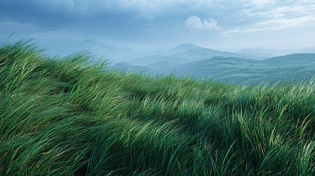 A scenic meadow with grass swaying in the wind and mountains in the distance under cloudy sky