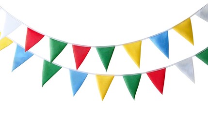 Obraz premium A festive deco n featuring multiple strings of vibrant multi colored triangular fabric flags arranged in a curved pattern against a clean white backdrop ideal for celeb ns