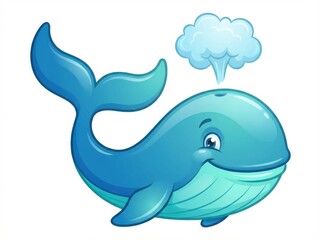 Obraz premium A cheerful, bright blue cartoon whale with a large tail is spouting water in a glossy vector illustration style, isolated on a clean white background.