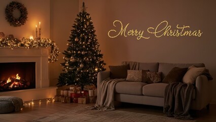 Cozy living room decorated for christmas with a lit fireplace and tree