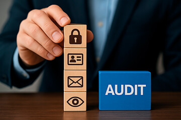 A hand holding the wooden cubes with a audit concept for data privacy and security.
