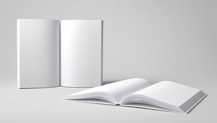 Two blank books, one open facing viewer, one closed standing on a gray surface