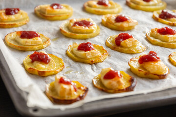 Step-by-Step Preparing Potato Patty Appetizer with Brie, Cranberry Jam, and Bacon