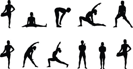 Stretching and yoga silhouette vector illustration, fitness posture icons, flexibility exercise poses, cad drawing flat vector illustration, wellness design set