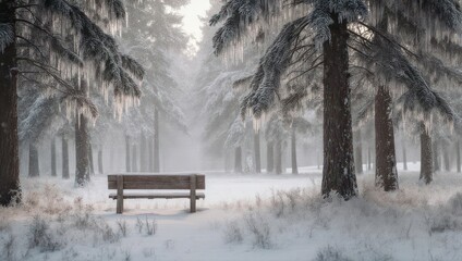 A snowy forest scene with frosted evergreen trees and a lone bench, under a hazy sky