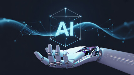 Futuristic robotic hand presenting a glowing AI hologram cube with digital waves and connected data points representing artificial intelligence cyber technology and machine learning