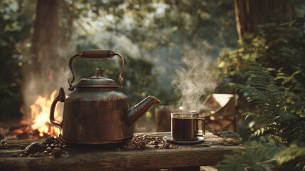A kettle and a cup of steaming beverage sit on a wooden table, with the backdrop of a campfire and lush forest in soft focus. The scene evokes a sense of tranquility and warmth