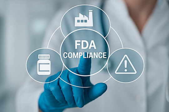 A doctor pointing at the FDA compliance icon for the concept of health and medicine regulations.