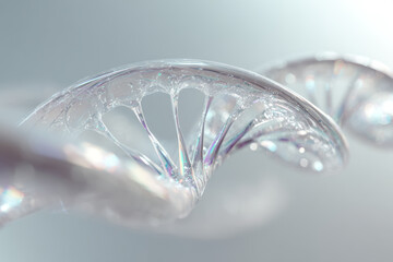 Super detailed rendering of a translucent DNA helix floating on a soft light background, representing genome research, genetic science and hereditary disease treatment concepts.