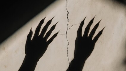 A stark, shadowy image reveals elongated clawed hands on a cracked, aged surface, eerie and foreboding
