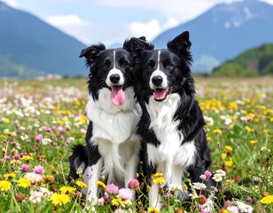 Two border collies in a field of wildflowers