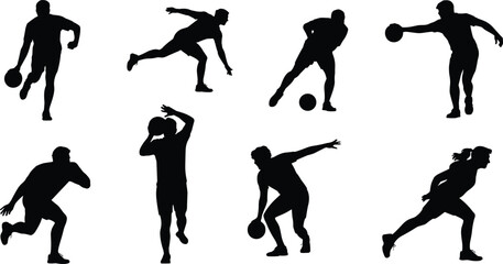 Dodgeball player silhouette vector illustration, dynamic throwing poses, ball action movement, cad drawing flat vector illustration, sports icon design