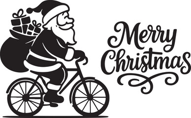 Funny holiday character with gifts. Santa Claus riding a bicycle and Merry Christmas typography silhouette vector illustrations