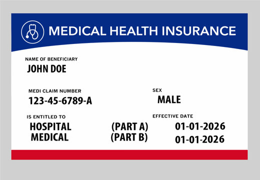 Here is a 2026 generic mock USA federal medical health insurance card. It does not include the word Medicare anywhere on the card. It is a vector image.