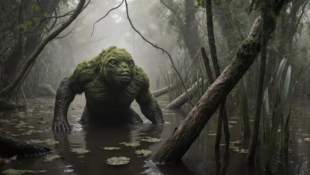 A swamp creature, covered in moss, emerges from murky water, surrounded by fog and trees