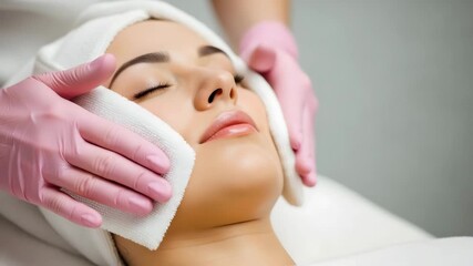 Woman receiving facial treatment with towel and pink gloves in a spa setting