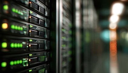 Row of servers with blinking lights in a dark room, blurred background