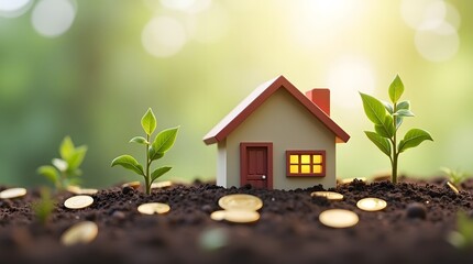 house growing from soil with coins around it, investment property concept