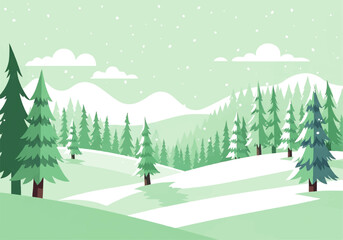 Stylized winter landscape illustration with snow-covered hills, evergreen pine trees, and falling snowflakes under a light green sky.