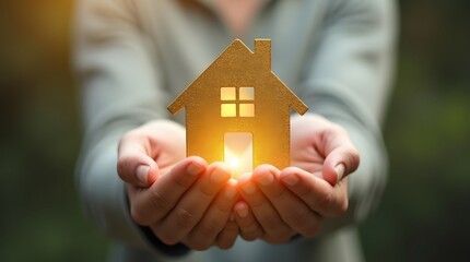 golden house floating above open hands, ownership theme