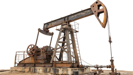 Rusty old oil pump jack energy extraction isolated cut out on PNG. AI GENERATED.
