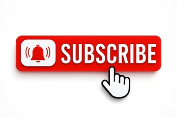 Red subscribe button with notification bell icon and cursor hand pointer on a white background