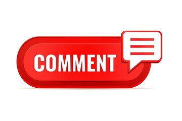 Bright red glossy button with the word comment and a white speech bubble icon for user feedback and communication