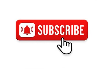 Red subscribe button with notification bell icon and hand cursor clicking to encourage channel subscriptions and engagement