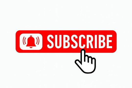 A digital cursor hand clicks on a bright red subscribe button with a notification bell icon on a white background - Powered by Adobe