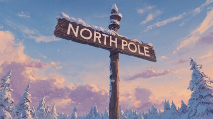 Signpost at the North Pole surrounded by snowy trees during sunset with a colorful sky