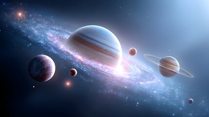Vast cosmic scene featuring multiple planets a ringed planet and a glowing nebula swirling around a bright galactic core bathed in starlight