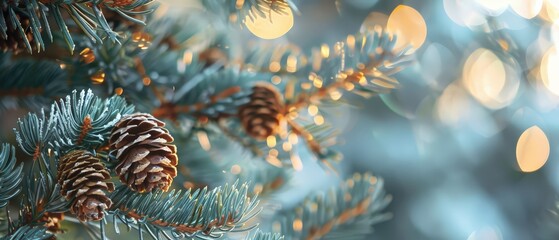 Close-up of snow-dusted pine cones on evergreen branches with warm bokeh lights in background, evoking a cozy winter holiday mood.