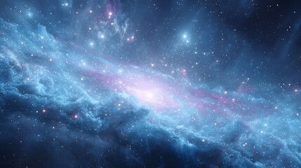 Naklejka premium Vibrant cosmic dust and gas form an ethereal blue and purple nebula illuminated by bright stars and celestial light in the vastness of the universe