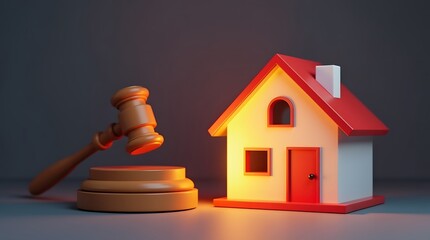 illustration of house auction scene with gavel and glowing bids