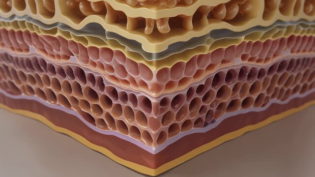 Detailed 3D animation showcasing the intricate layers of healthy human skin, illustrating epidermis, dermis, and subcutaneous tissue for medical and cosmetic science