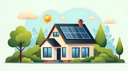 Illustration of eco friendly smart home with solar panels and trees