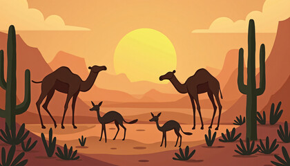 Desert scene with camels and small animals