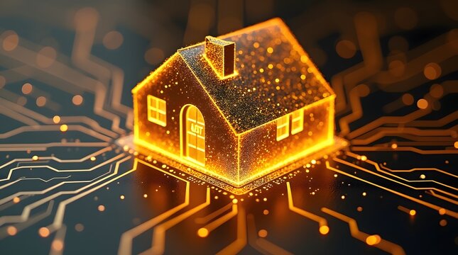 Golden house merging with digital circuit board, smart property concept - Powered by Adobe