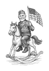 Vintage-style black and white vector illustration of a uniformed man riding a rocking horse while holding a flag, ideal for editorial designs, historical themes, and retro artworks.