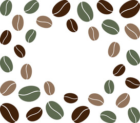 Square vector frame with decorative border of coffee beans in brown and green tones on white Background. Perfect for cafe logos, labels, menu covers, packaging and social media posts. Isolated Vector 