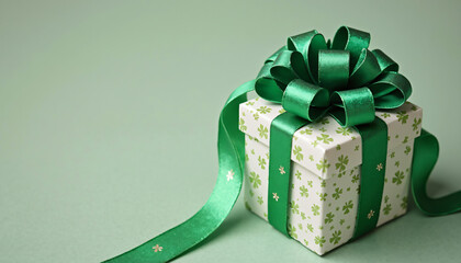 Gift box with green clover pattern and ribbon
