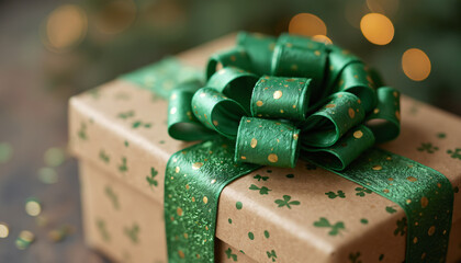 Gift Box with Green Ribbon and Gold Polka Dots