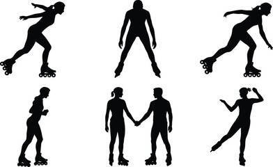 Roller skating silhouette vector, dynamic skater icons, motion and interaction poses, black figure illustration, cad drawing flat vector illustration
