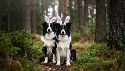 Two border collies in a forest, wearing Easter bunny ears (1)