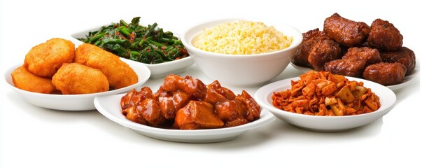  vibrant spread of various dishes, including rice, vegetables, and meats, served in white bowls, showcasing a colorful array of tempting food.