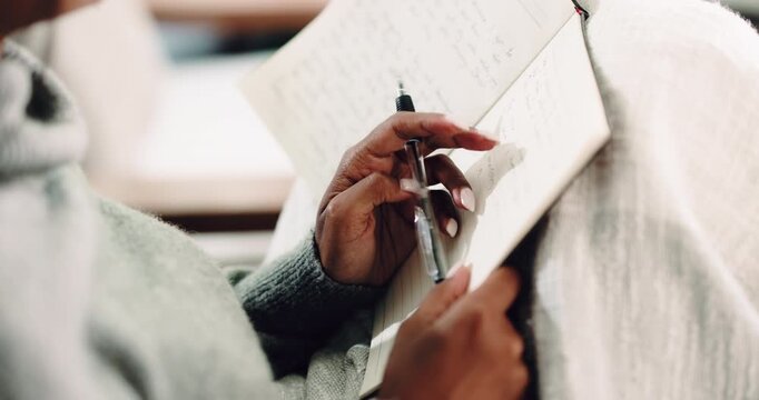 Hands, thinking and writing with woman on sofa in living room of home for reflection or memories. Diary, dream journaling and pen with person in apartment for agenda, personal growth or planning