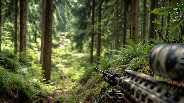 Rifle scope in lush forest